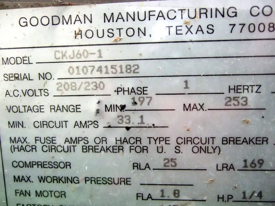 Goodman Serial Number Tonnage 1