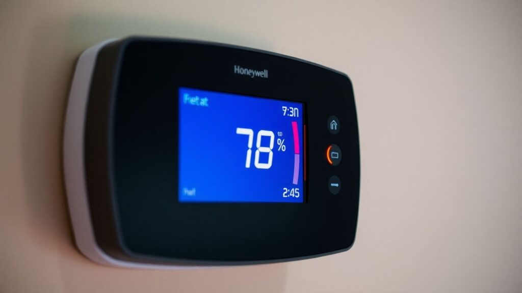 Honeywell thermostat emergency heat icon glowing red.